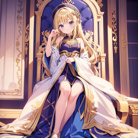 textile of destiny background　sitting on the throne　greek-style clothing　10 year old blonde girl