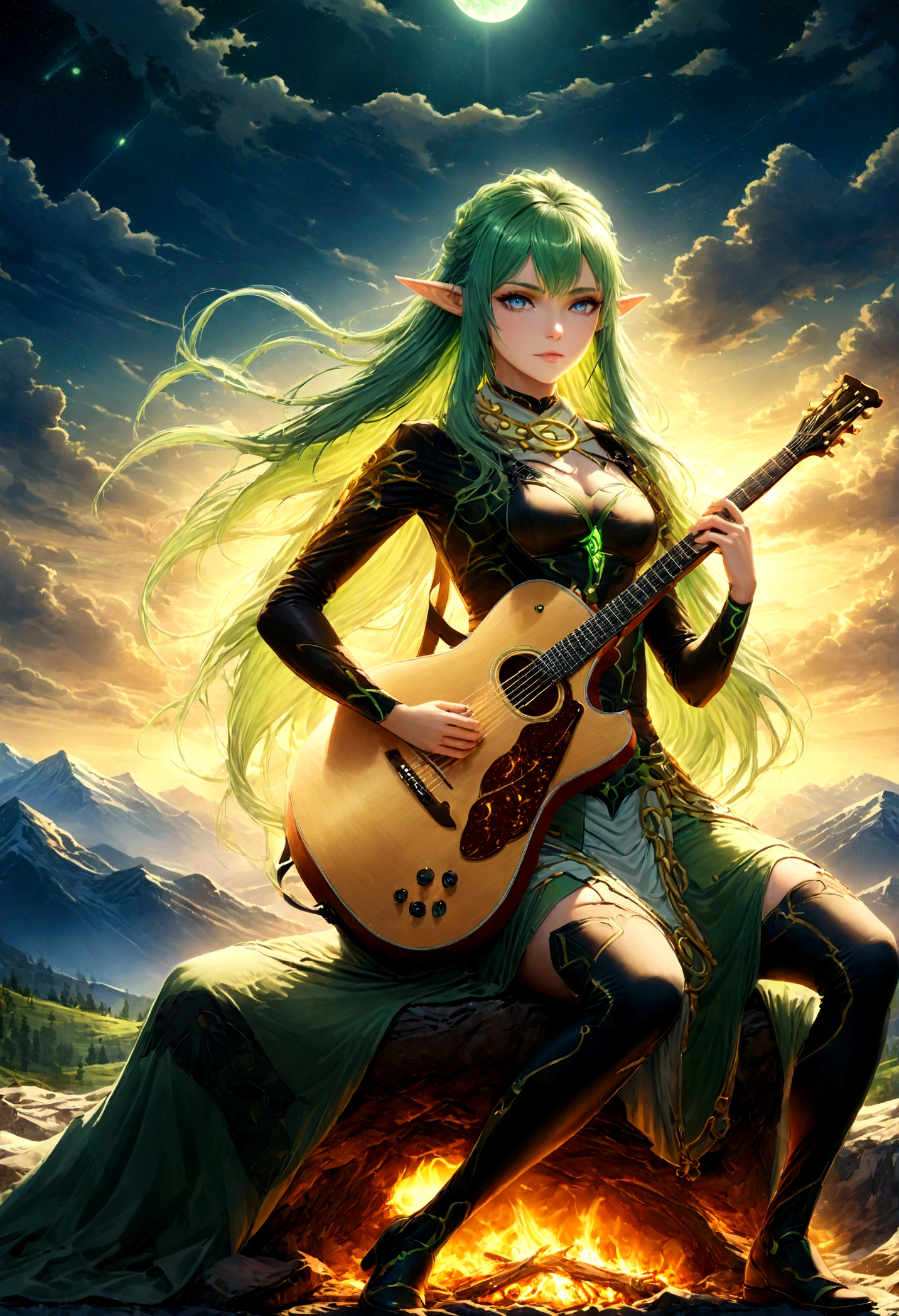 fantasy art, RPG art, a female elf playing (aether guitar: 1.3), she sits on the top of the mountain at night, exquisite beautiful female elf, (green hair: 1.4), long hair, (blue eyes: 1.30, wearing dynamic clothing, playing (aether guitar: 1.3) aetherpunkai, near a camp fire, on top of a fantasy mountain ,moon, stars, clouds, god rays, soft natural light, dynamic angle, photorealism, panoramic view, ultra best realistic, best details, 16k, [ultra detailed], masterpiece, best quality, (extremely detailed), photorealism,