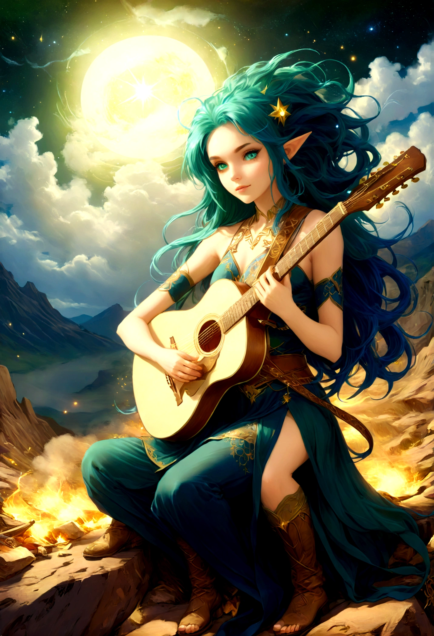 fantasy art, RPG art, a female elf playing (aether guitar: 1.3), she sits on the top of the mountain at night, exquisite beautiful female elf, (green hair: 1.4), long hair, (blue eyes: 1.30, wearing dynamic clothing, playing (aether guitar: 1.3) aetherpunkai, near a camp fire, on top of a fantasy mountain ,moon, stars, clouds, god rays, soft natural light, dynamic angle, photorealism, panoramic view, ultra best realistic, best details, 16k, [ultra detailed], masterpiece, best quality, (extremely detailed), photorealism,