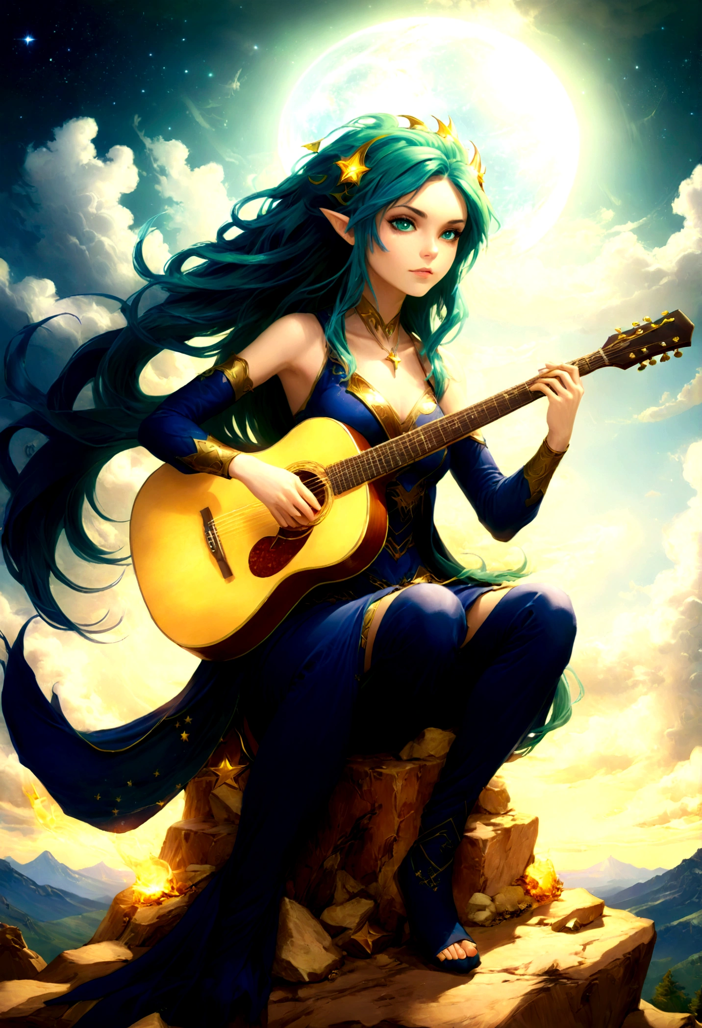 fantasy art, RPG art, a female elf playing (aether guitar: 1.3), she sits on the top of the mountain at night, exquisite beautiful female elf, (green hair: 1.4), long hair, (blue eyes: 1.30, wearing dynamic clothing, playing (aether guitar: 1.3) aetherpunkai, near a camp fire, on top of a fantasy mountain ,moon, stars, clouds, god rays, soft natural light, dynamic angle, photorealism, panoramic view, ultra best realistic, best details, 16k, [ultra detailed], masterpiece, best quality, (extremely detailed), photorealism,