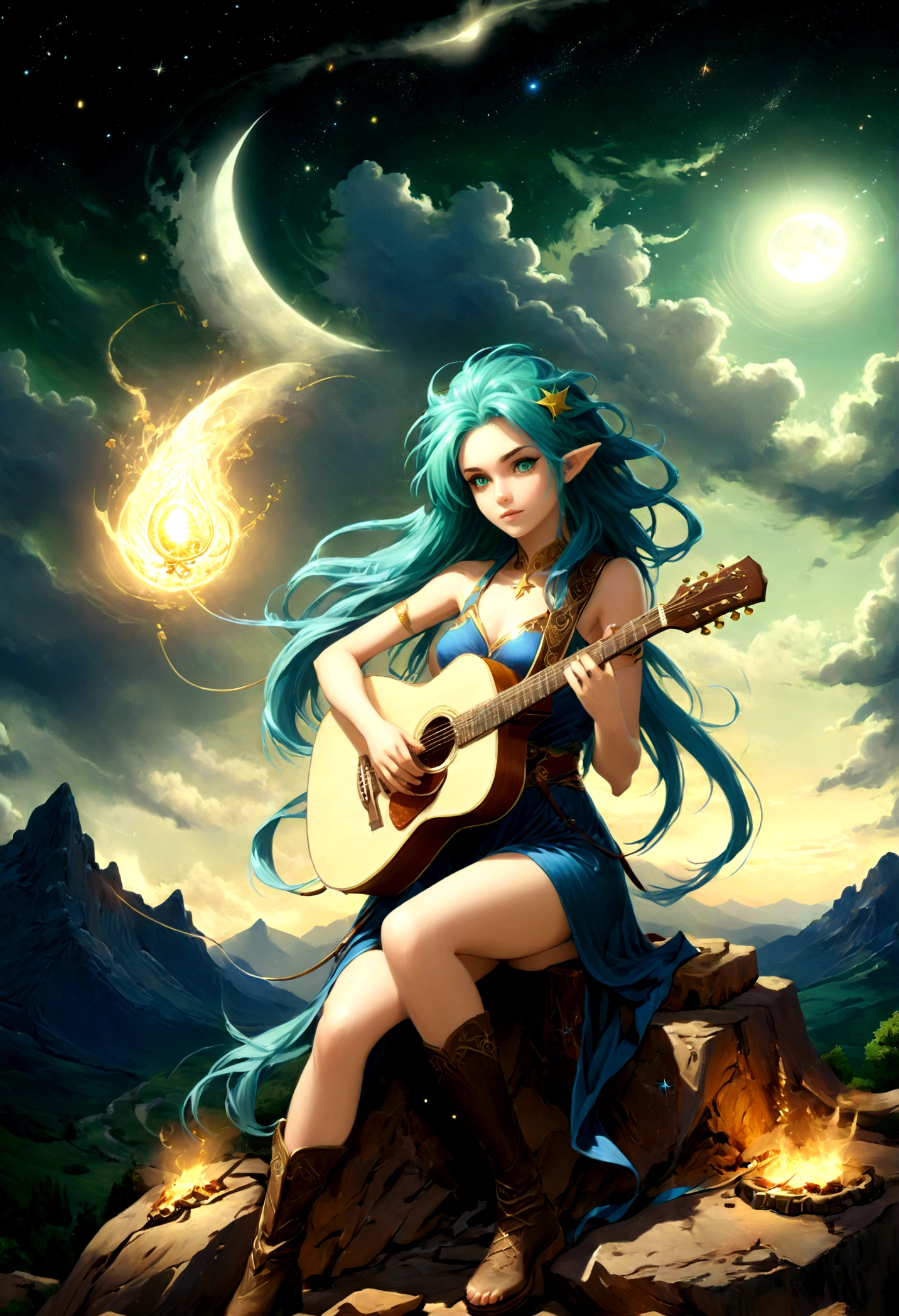 fantasy art, RPG art, a female elf playing (aether guitar: 1.3), she sits on the top of the mountain at night, exquisite beautiful female elf, (green hair: 1.4), long hair, (blue eyes: 1.30, wearing dynamic clothing, playing (aether guitar: 1.3) aetherpunkai, near a camp fire, on top of a fantasy mountain ,moon, stars, clouds, god rays, soft natural light, dynamic angle, photorealism, panoramic view, ultra best realistic, best details, 16k, [ultra detailed], masterpiece, best quality, (extremely detailed), photorealism,