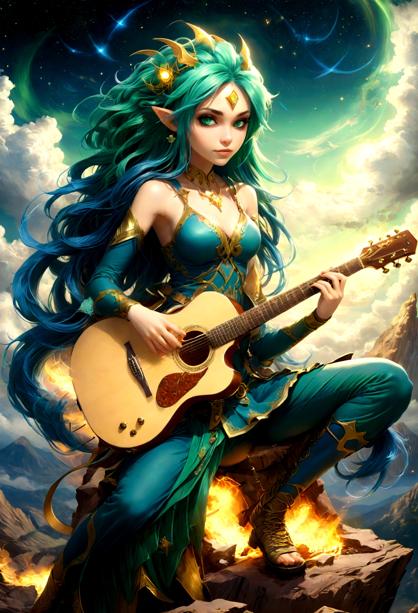 fantasy art, RPG art, a female elf playing (aether guitar: 1.3), she sits on the top of the mountain at night, exquisite beautiful female elf, (green hair: 1.4), long hair, (blue eyes: 1.30, wearing dynamic clothing, playing (aether guitar: 1.3) aetherpunkai, near a camp fire, on top of a fantasy mountain ,moon, stars, clouds, god rays, soft natural light, dynamic angle, photorealism, panoramic view, ultra best realistic, best details, 16k, [ultra detailed], masterpiece, best quality, (extremely detailed), photorealism,