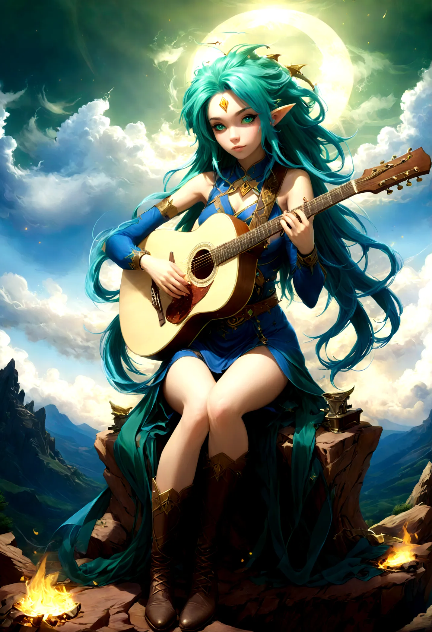 fantasy art, RPG art, a female elf playing (aether guitar: 1.3), she sits on the top of the mountain at night, exquisite beautif...