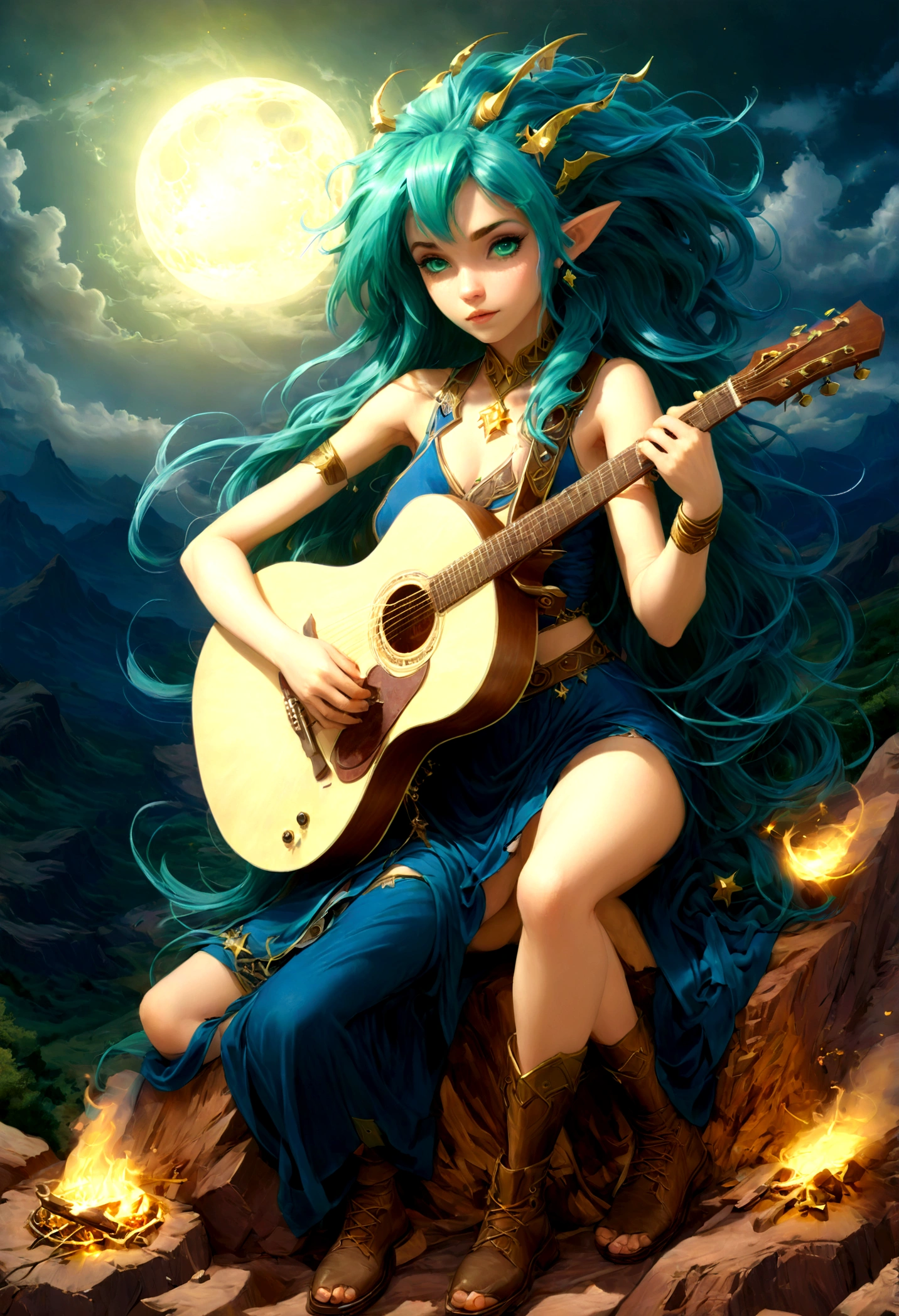 fantasy art, RPG art, a female elf playing (aether guitar: 1.3), she sits on the top of the mountain at night, exquisite beautiful female elf, (green hair: 1.4), long hair, (blue eyes: 1.30, wearing dynamic clothing, playing (aether guitar: 1.3) aetherpunkai, near a camp fire, on top of a fantasy mountain ,moon, stars, clouds, god rays, soft natural light, dynamic angle, photorealism, panoramic view, ultra best realistic, best details, 16k, [ultra detailed], masterpiece, best quality, (extremely detailed), photorealism,