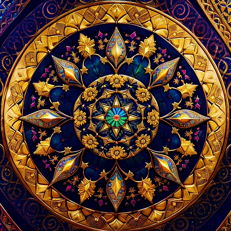 Uma linda mandala que começa com uma estrela de cinco pontas no centro, crescendo em aço cromado iridescente salpicado de ouro, adornado com rosas,Brilhando, crescendo em desenhos simétricos e arabescos, arte digital, Obra de arte, altamente detalhado, Resolução 4k, arte abstrata, arte oriental, arte digital, fotográfico


