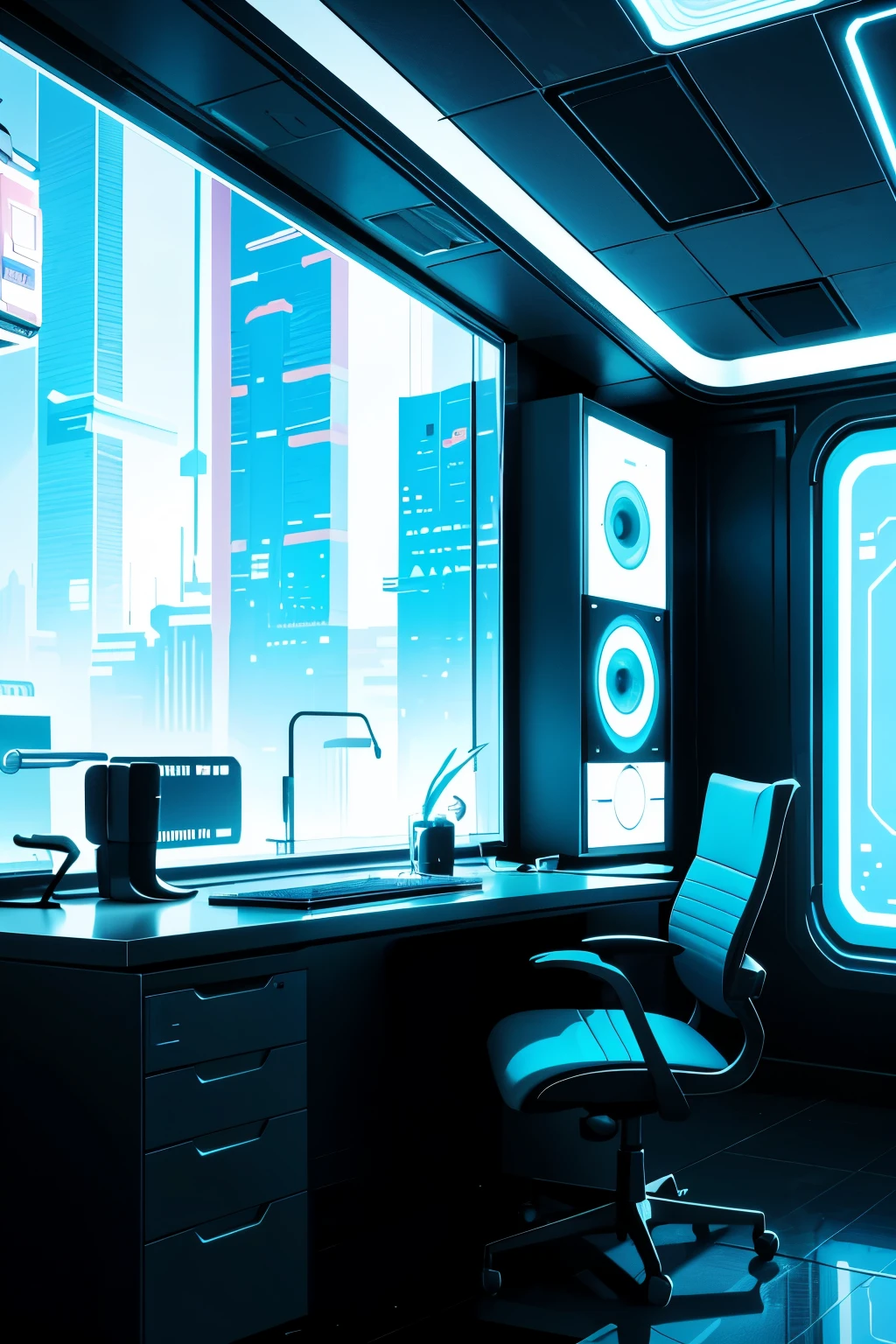 Vor dem Fenster steht ein Computertisch mit Monitor und Stuhl., futuristisch room background, retro futuristisch apartment, futuristisch room, futuristisch interior, Desktopgrafiken, futuristisch. Spiel-CG, futuristisch decor, 3D iOS Raumfotos, CG-Gesellschaft 9, Wunderschönes 3D-Rendering, Atemberaubendes 3D-Rendering, Atemberaubendes 3D-Rendering, Apartments in cyberpunk  