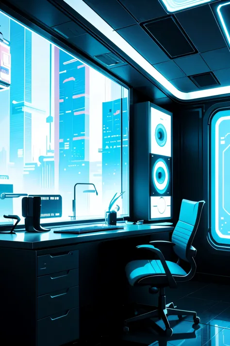 In front of the window there is a computer desk with a monitor and a chair., Futuristic room background, retro Futuristic apartm...