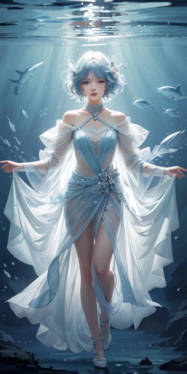 Best quality，masterpiece，Ultra-high resolution，Clear face,（Reality：1.4），RAW photos，Cold Light，Woman wearing transparent clothes underwater，Full body image，Wallpaper Anime Blue Water，Guvitz-style artwork，closeup fantasy with water magic，author：Yang Jie，Guvitz，A beautiful artistic illustration，Water Nymphs，Beautiful digital artwork，Beautiful digital illustration，Li Song，Beautiful anime portrait，Bovo&#39;s art style