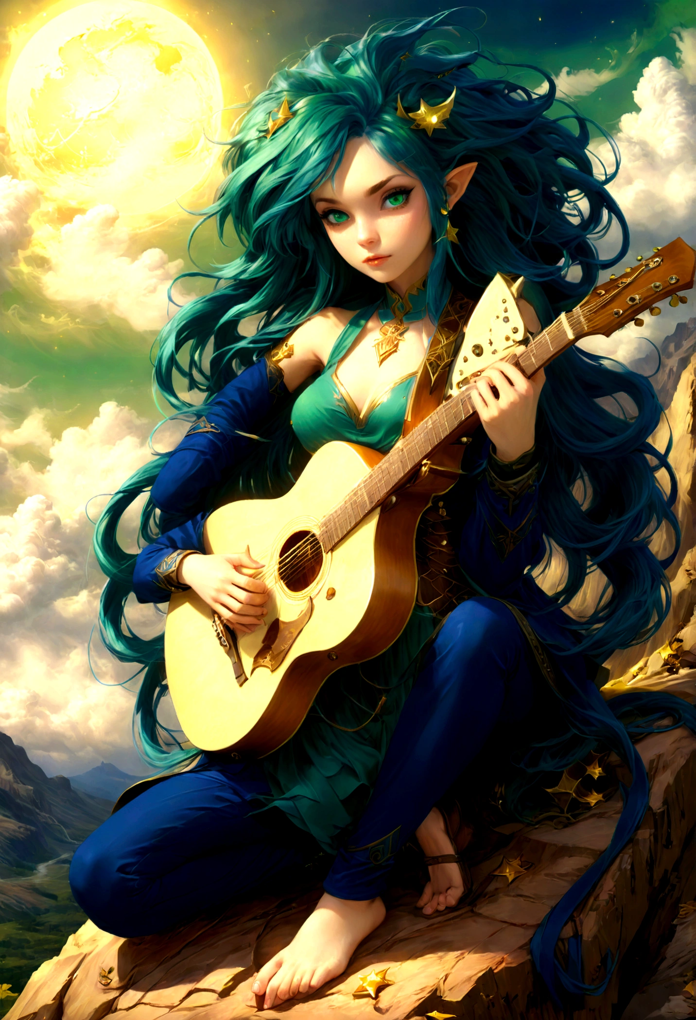 fantasy art, RPG art, a female elf playing (aether guitar: 1.3), she sits on the top of the mountain at night, exquisite beautiful female elf, (green hair: 1.4), long hair, (blue eyes: 1.30, wearing dynamic clothing, playing (aether guitar: 1.3) aetherpunkai, near a camp fire, on top of a fantasy mountain ,moon, stars, clouds, god rays, soft natural light, dynamic angle, photorealism, panoramic view, ultra best realistic, best details, 16k, [ultra detailed], masterpiece, best quality, (extremely detailed), photorealism,