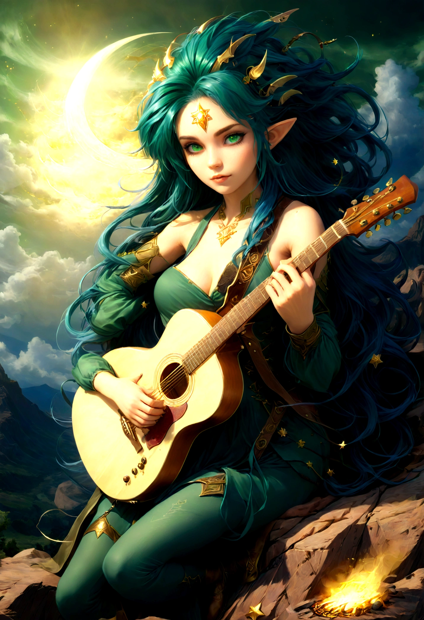 fantasy art, RPG art, a female elf playing (aether guitar: 1.3), she sits on the top of the mountain at night, exquisite beautiful female elf, (green hair: 1.4), long hair, (blue eyes: 1.30, wearing dynamic clothing, playing (aether guitar: 1.3) aetherpunkai, near a camp fire, on top of a fantasy mountain ,moon, stars, clouds, god rays, soft natural light, dynamic angle, photorealism, panoramic view, ultra best realistic, best details, 16k, [ultra detailed], masterpiece, best quality, (extremely detailed), photorealism,