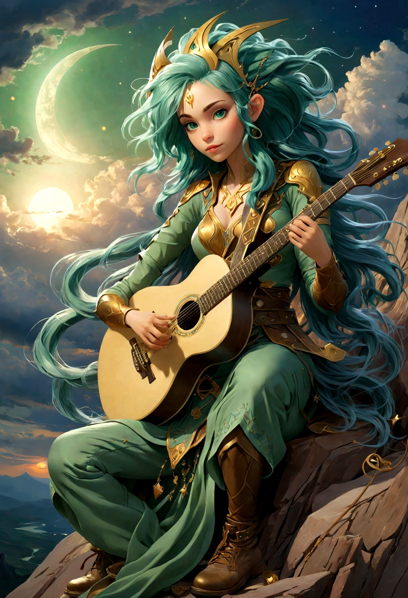 fantasy art, RPG art, a female elf playing (aether guitar: 1.3), she sits on the top of the mountain at night, exquisite beautiful female elf, (green hair: 1.4), long hair, (blue eyes: 1.30, wearing dynamic clothing, playing (aether guitar: 1.3) aetherpunkai, near a camp fire, on top of a fantasy mountain ,moon, stars, clouds, god rays, soft natural light, dynamic angle, photorealism, panoramic view, ultra best realistic, best details, 16k, [ultra detailed], masterpiece, best quality, (extremely detailed), photorealism,