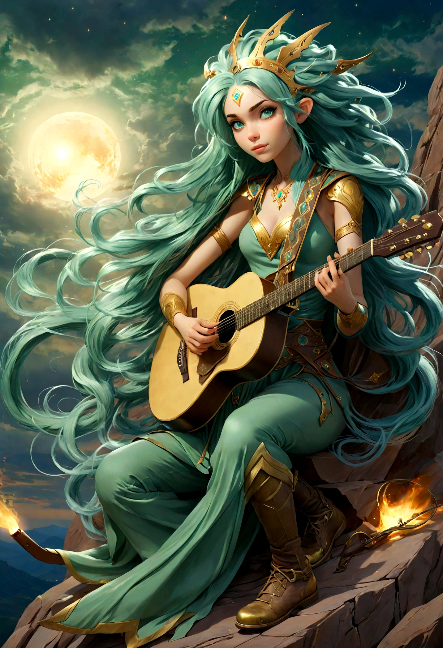 fantasy art, RPG art, a female elf playing (aether guitar: 1.3), she sits on the top of the mountain at night, exquisite beautiful female elf, (green hair: 1.4), long hair, (blue eyes: 1.30, wearing dynamic clothing, playing (aether guitar: 1.3) aetherpunkai, near a camp fire, on top of a fantasy mountain ,moon, stars, clouds, god rays, soft natural light, dynamic angle, photorealism, panoramic view, ultra best realistic, best details, 16k, [ultra detailed], masterpiece, best quality, (extremely detailed), photorealism,