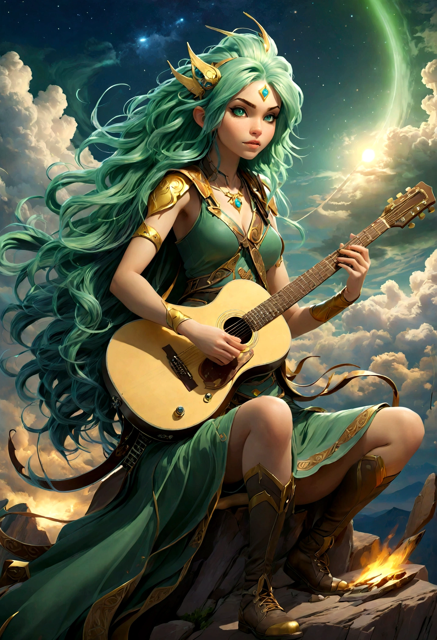 fantasy art, RPG art, a female elf playing (aether guitar: 1.3), she sits on the top of the mountain at night, exquisite beautiful female elf, (green hair: 1.4), long hair, (blue eyes: 1.30, wearing dynamic clothing, playing (aether guitar: 1.3) aetherpunkai, near a camp fire, on top of a fantasy mountain ,moon, stars, clouds, god rays, soft natural light, dynamic angle, photorealism, panoramic view, ultra best realistic, best details, 16k, [ultra detailed], masterpiece, best quality, (extremely detailed), photorealism,