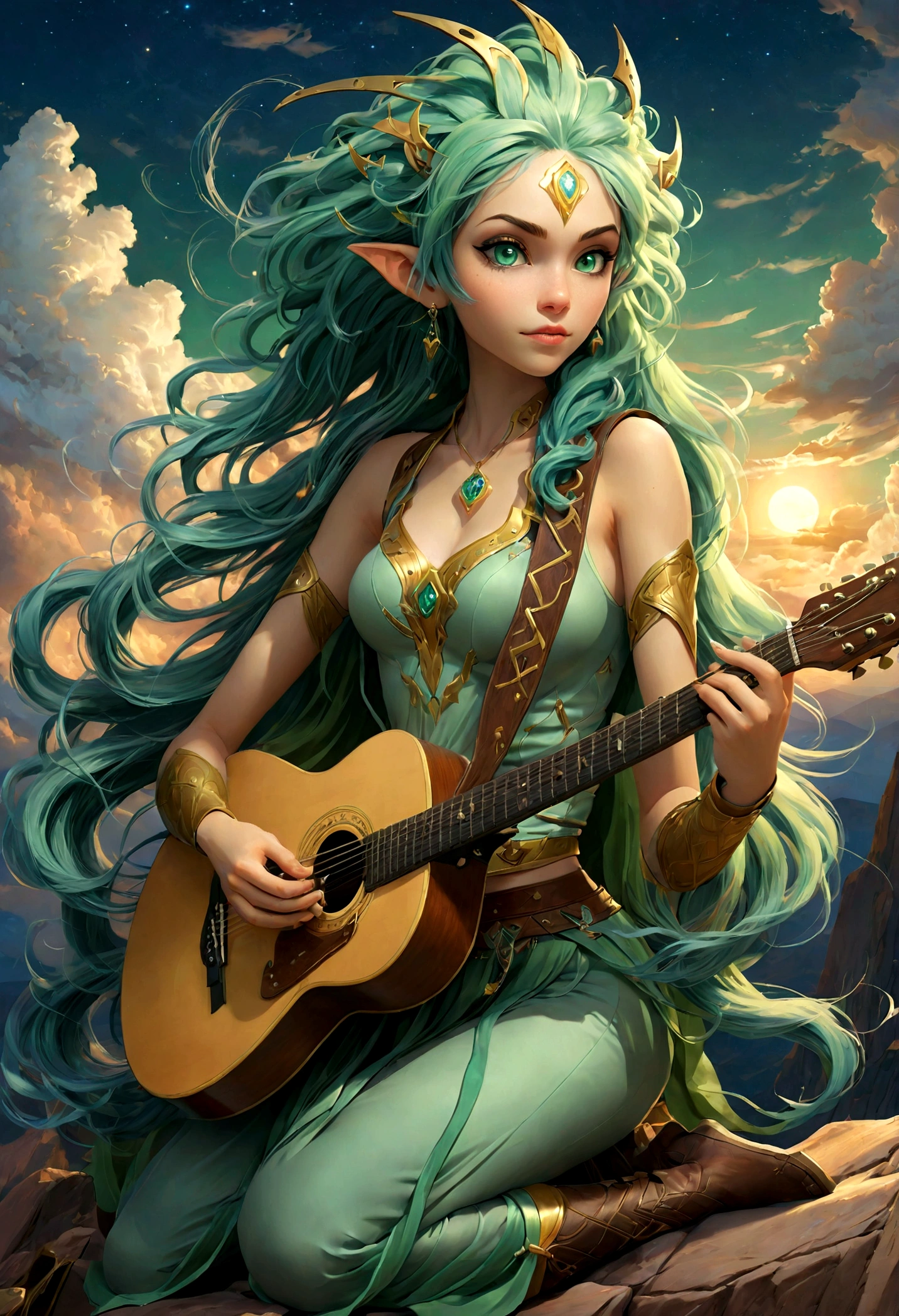 fantasy art, RPG art, a female elf playing (aether guitar: 1.3), she sits on the top of the mountain at night, exquisite beautiful female elf, (green hair: 1.4), long hair, (blue eyes: 1.30, wearing dynamic clothing, playing (aether guitar: 1.3) aetherpunkai, near a camp fire, on top of a fantasy mountain ,moon, stars, clouds, god rays, soft natural light, dynamic angle, photorealism, panoramic view, ultra best realistic, best details, 16k, [ultra detailed], masterpiece, best quality, (extremely detailed), photorealism,