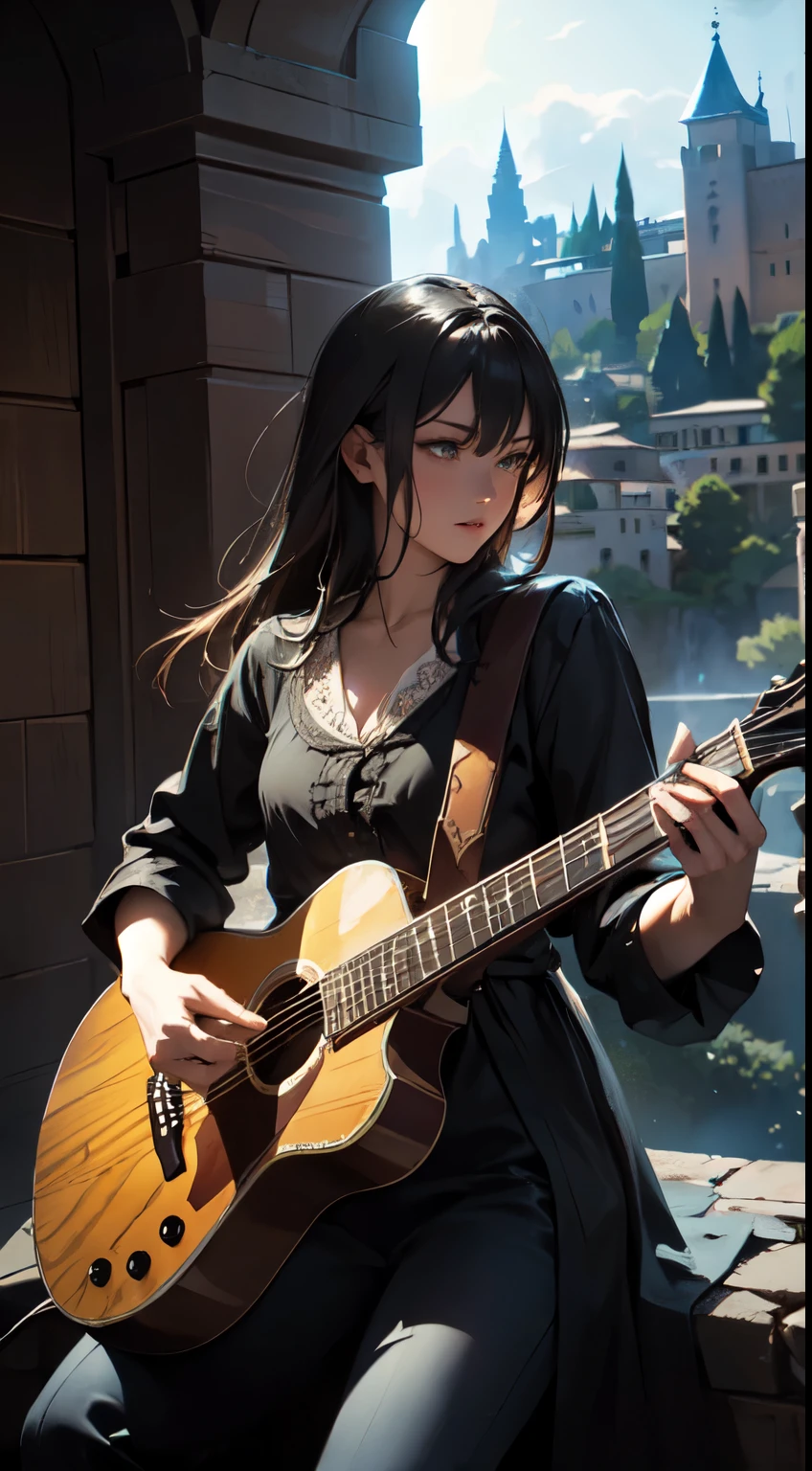 guitarist_Tarrega、Guitar playing、At the Alhambra、Reality、Romance、Fantasy、Dramatic lighting, Structure of the film, highest quality, masterpiece、Fantasy Landscape, Detailed guitar, Dramatic atmosphere, Calm colors, Detailed facial features,