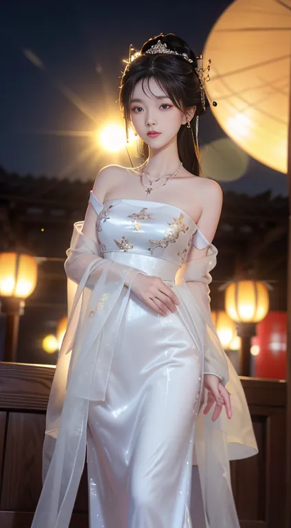 elaborate Hanfu, ((whole body)), ((from below)), ((gufeng,Bare shoulders)), Clear face, Pretty Face, 8K, masterpiece, original p...