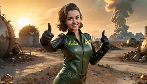 1girl, expressive eyes, wink, in fallout vault jumpsuit with leather jacket, thumbs up pose, wasteland in sunset and nuclear bom...