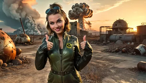 1girl, expressive eyes, wink, in fallout vault jumpsuit with leather jacket, thumbs up pose, wasteland in sunset and nuclear bom...