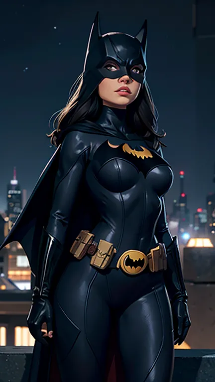 [1girll (Batman) 1.2] (Night sky, Cityscape, gotham city background) [Reality 0.8] [3d 0.9] [Mask, Long hair, Blue eyes, tightsu...