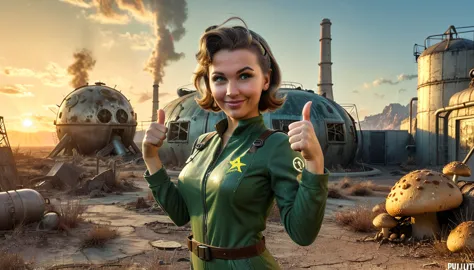 1girl, expressive eyes, wink, in fallout vault jumpsuit with pip-boy , thumbs up pose, wasteland in sunset and nuclear bomb expl...