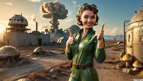 1girl, expressive eyes, wink, in fallout vault jumpsuit with pip-boy , thumbs up pose, wasteland in sunset and nuclear bomb expl...