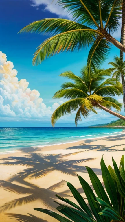 A tranquil seaside landscape, sun-drenched ocean, golden sand beach, beautiful detailed clouds, serene atmosphere, oil painting, lush tropical foliage, warm inviting light, soft pastel colors, enchanting dream-like quality, ultra-detailed, (best quality,4k,8k,highres,masterpiece:1.2),ultra-detailed,(realistic,photorealistic,photo-realistic:1.37),landscape,seascape,seascape painting,tropical paradise,idyllic beach scene,cinematic lighting,vibrant colors,stunning realism