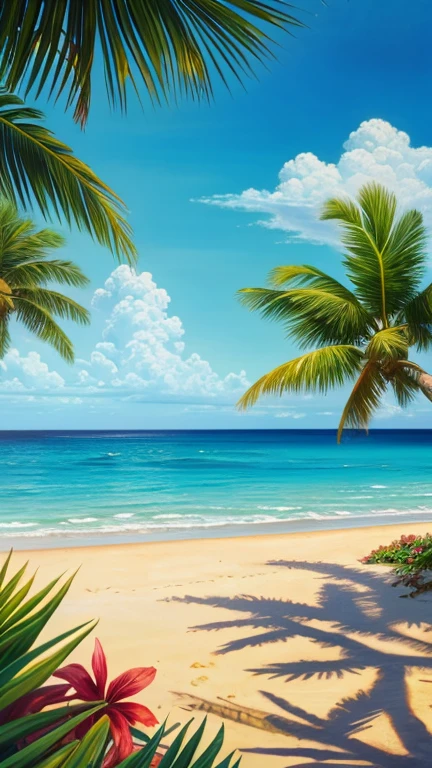 A tranquil seaside landscape, sun-drenched ocean, golden sand beach, beautiful detailed clouds, serene atmosphere, oil painting, lush tropical foliage, warm inviting light, soft pastel colors, enchanting dream-like quality, ultra-detailed, (best quality,4k,8k,highres,masterpiece:1.2),ultra-detailed,(realistic,photorealistic,photo-realistic:1.37),landscape,seascape,seascape painting,tropical paradise,idyllic beach scene,cinematic lighting,vibrant colors,stunning realism