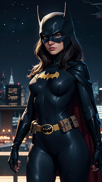 [1girll (Batman) 1.2] (Night sky, Cityscape, gotham city background) [Reality 0.8] [3d 0.9] [Mask, Long hair, Blue eyes, tightsuit, Breasts, Cape, domino mask, belt, breasts, Superhero, mitts, Lips, Black bodysuit, helmet, belt buckle, Short Bat Horns, bat_print, pouch) 1.1] [Curvy (Narrow waist, small breasts) 1.2] [Grading 1.1]