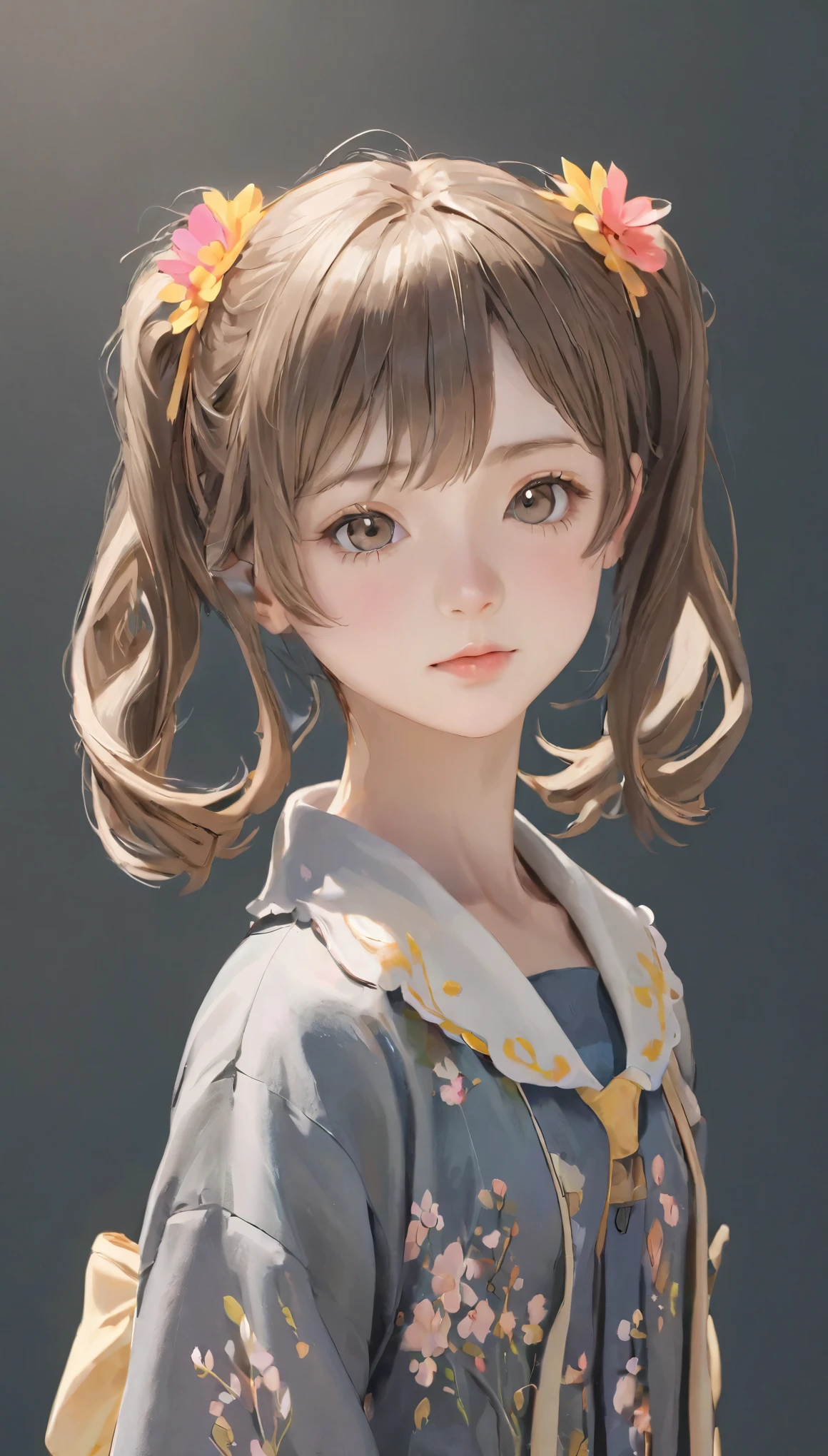 (UHigh resolution, retina, masterpiece, Accurate, Anatomically correct, Textured skin, Very detailed, Attention to detail, high quality, 最high quality, High resolution, 1080p, High resolution, 4K, 8k, 16k),Accurate human body depiction、One Cute１4 year old girl、Brown Hair、Short Hair、Twin tails、Gray eyes、An ennui look、Black cute clothes、No exposed skin、The background is a simple floral wallpaper、