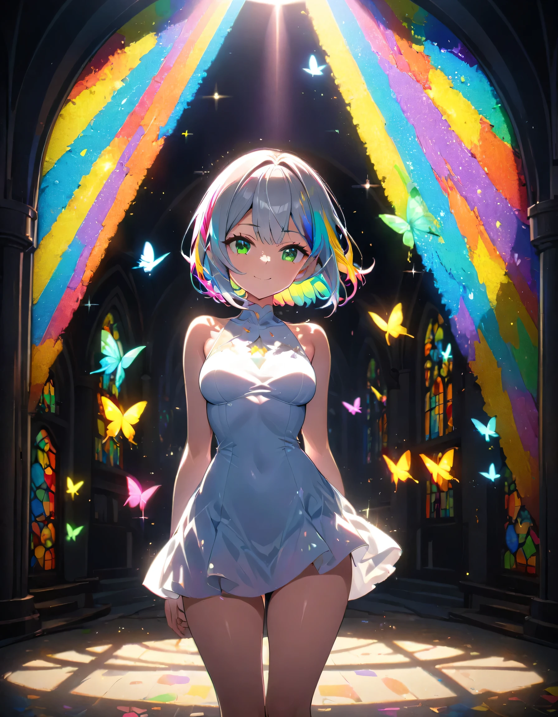 One girl, masterpiece, Very detailed, ((Cinema Lighting)), (Shine), ((Dramatic lighting)), ((Beautiful sparkle)), Super Detail, Slender beauty, Lens flare, Multicolored Hair, Rainbow Hair, Short Bob, Colorful dresses, Butterfly hair accessory, butterfly, (Particles of light), Medium breast, [Curvy], Cowboy Shot, A light smile, Green Eyes, church, Huge stained glass, Spotlight, Dark Background, View Viewer,((colorful)), Full Body Shot