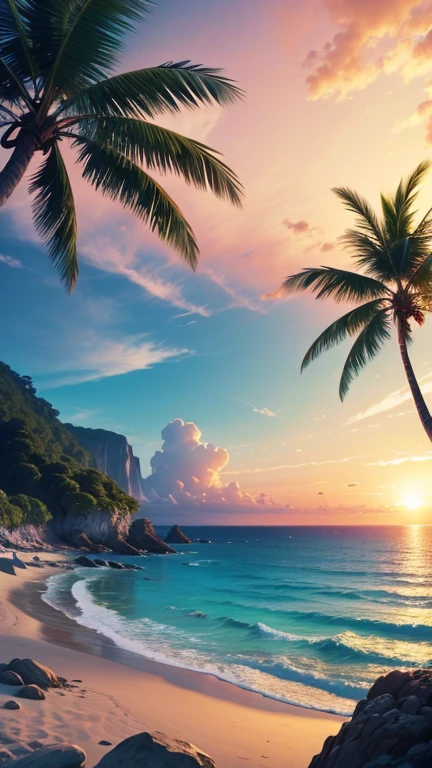 A tranquil seaside landscape, sun-drenched ocean, golden sand beach, beautiful detailed clouds, serene atmosphere, oil painting, lush tropical foliage, warm inviting light, soft pastel colors, enchanting dream-like quality, ultra-detailed, (best quality,4k,8k,highres,masterpiece:1.2),ultra-detailed,(realistic,photorealistic,photo-realistic:1.37),landscape,seascape,seascape painting,tropical paradise,idyllic beach scene,cinematic lighting,vibrant colors,stunning realism