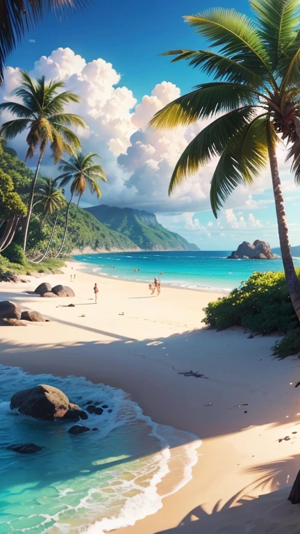 A tranquil seaside landscape, sun-drenched ocean, golden sand beach, beautiful detailed clouds, serene atmosphere, oil painting, lush tropical foliage, warm inviting light, soft pastel colors, enchanting dream-like quality, ultra-detailed, (best quality,4k,8k,highres,masterpiece:1.2),ultra-detailed,(realistic,photorealistic,photo-realistic:1.37),landscape,seascape,seascape painting,tropical paradise,idyllic beach scene,cinematic lighting,vibrant colors,stunning realism