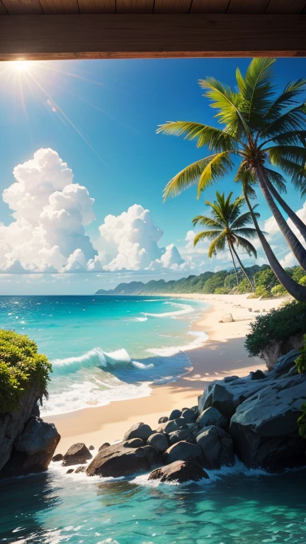 A tranquil seaside landscape, sun-drenched ocean, golden sand beach, beautiful detailed clouds, serene atmosphere, oil painting, lush tropical foliage, warm inviting light, soft pastel colors, enchanting dream-like quality, ultra-detailed, (best quality,4k,8k,highres,masterpiece:1.2),ultra-detailed,(realistic,photorealistic,photo-realistic:1.37),landscape,seascape,seascape painting,tropical paradise,idyllic beach scene,cinematic lighting,vibrant colors,stunning realism