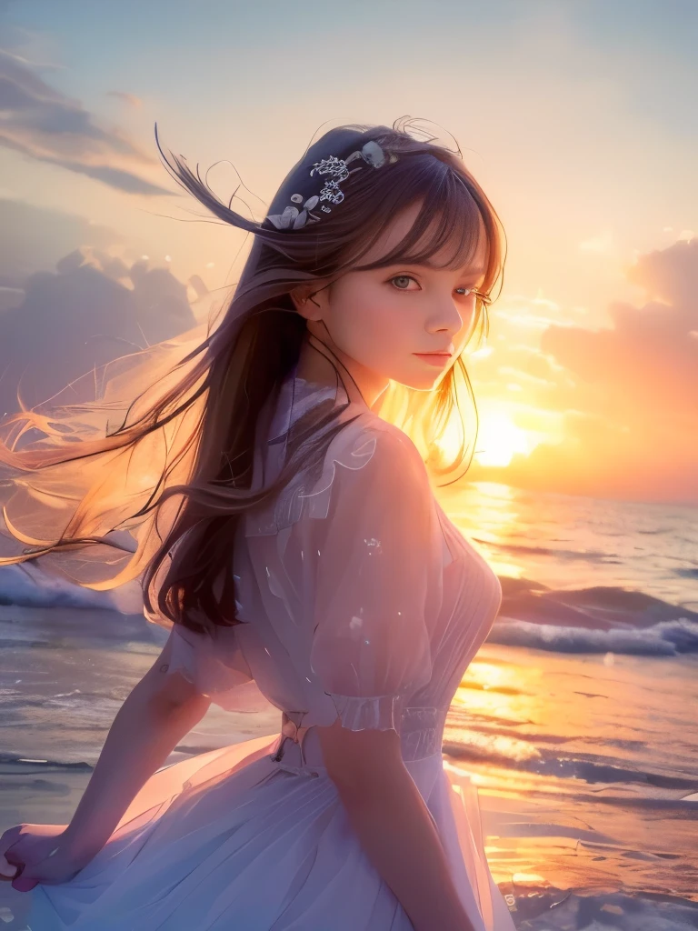 (masterpiece, highest quality, Ultra high definition, Ultra-high resolution, 8K Raw Photo:1.5), Movie stills, One girl, Very beautiful perfect girl, Cloud Girl, Floating in the sky, close, bright, Happy, Warm and soft lighting, sunset, (spark:0.7)