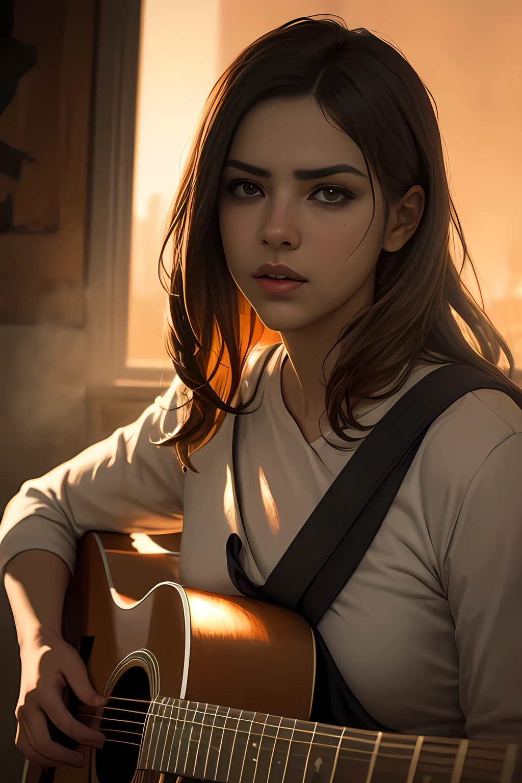 a beautiful acoustic guitarist playing guitar, intricate detailed hands, facial features, expressive eyes, detailed facial features, warm lighting, photorealistic, 8k, cinematic, dramatic lighting, dramatic contrast, atmospheric, moody, warm colors, golden hour, natural light