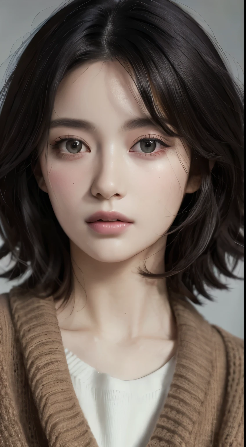 (masseter muscle fragment:1.3)、(8K、realistic、raw photo、top quality: 1.4)、(1 woman)、beautiful face、(lifelike face)、(black hair、Short hair:1.3)、beautiful hairstyle、realistic eyes、beautiful details、（Looks like real skin）、beautiful skin、（oversized cardigan）、absurd、tempting、Ultra A high resolution、surrealism、high details、golden ratio