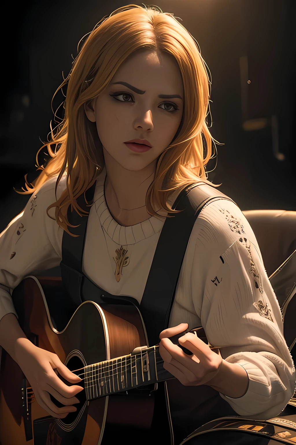 a beautiful acoustic guitarist playing guitar, intricate detailed hands, facial features, expressive eyes, detailed facial features, warm lighting, photorealistic, 8k, cinematic, dramatic lighting, dramatic contrast, atmospheric, moody, warm colors, golden hour, natural light