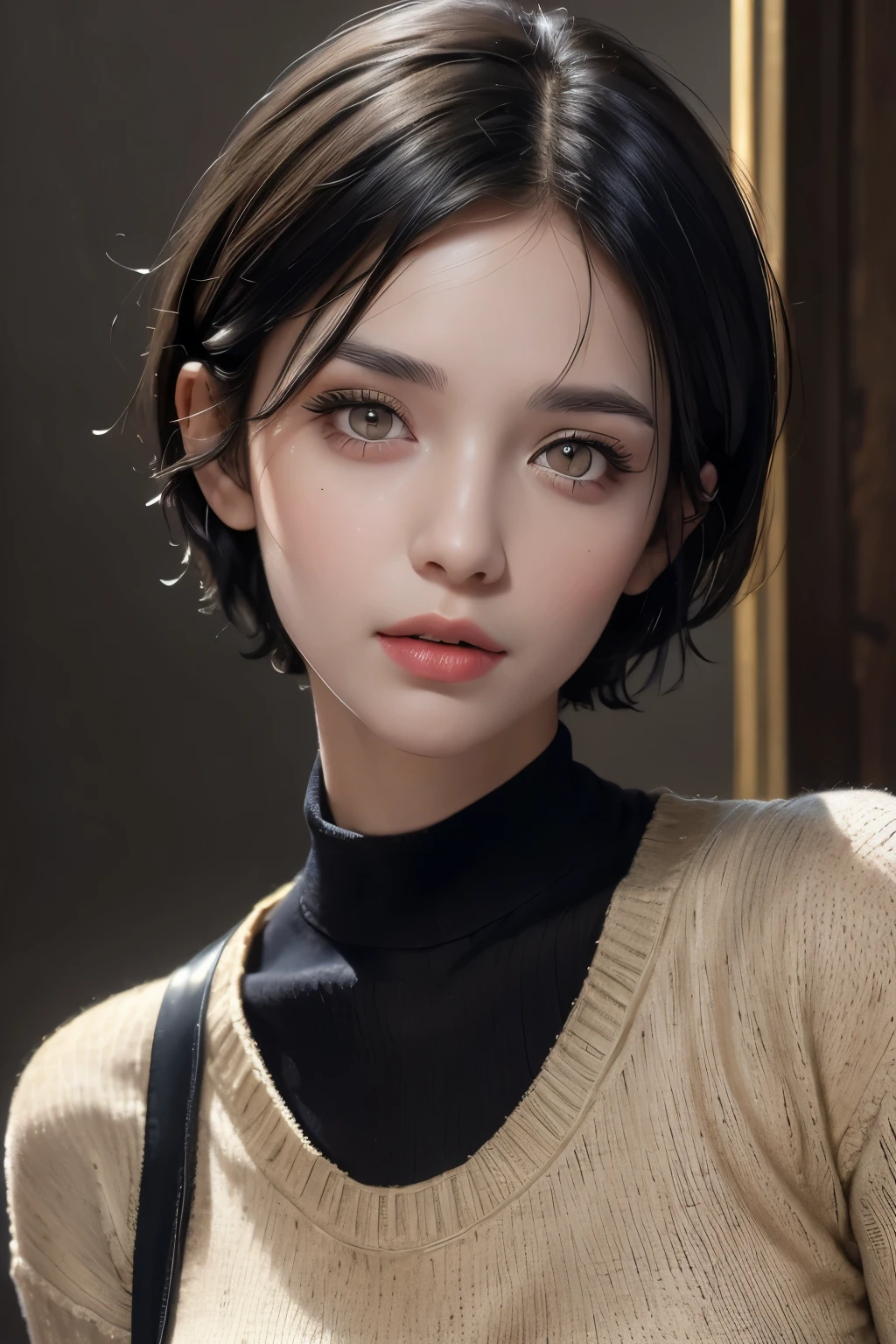 (masterpiece:1.3), (8K, realistic, RAW photos, best quality: 1.4), (1 woman), beautiful face, (realistic face), (black hair, Short hair:1.3), beautiful hairstyle, realistic eyes, beautiful detailed eyes, (realistic skin), beautiful skin, (sweater), absurd, attractive, ultra high resolution, extremely realistic, very detailed, golden ratio