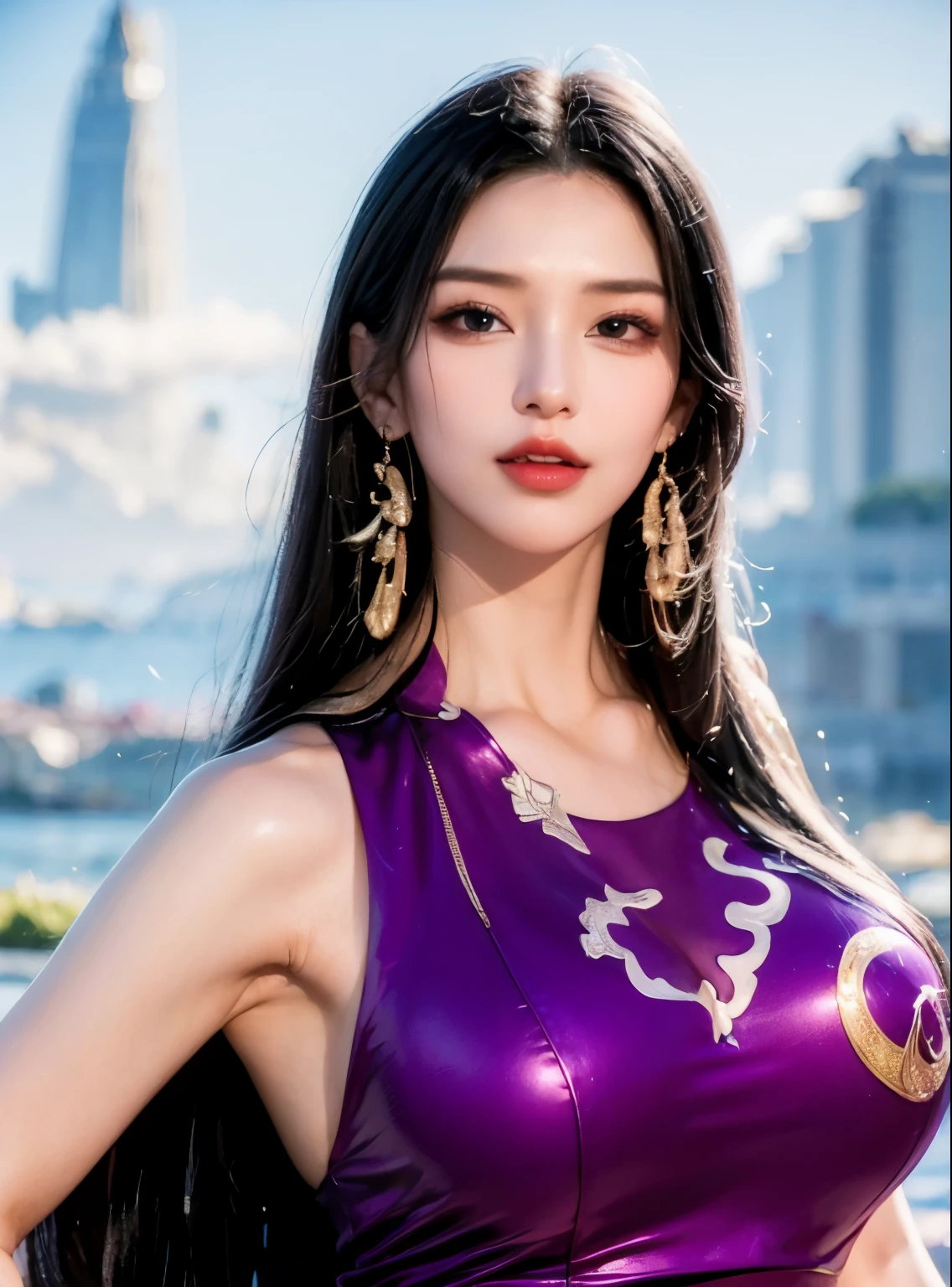 1female, detailed eyes, beautiful lips, long black hair, black eyes, charming smile, wearing a purple outfit, realistic and detailed clothing, polite and elegant, standing in front of a bustling cityscape, ultra-detailed depiction, capturing the realistic essence of the character from the anime "One Piece", vibrant and vivid colors, with a touch of purple hues