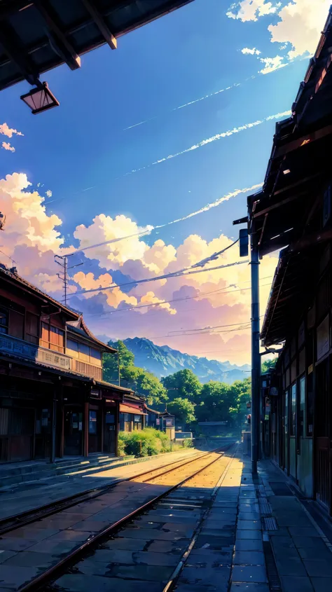 there is a train coming at the station, beautiful anime scene, train station background, anime rural scenery, anime background a...