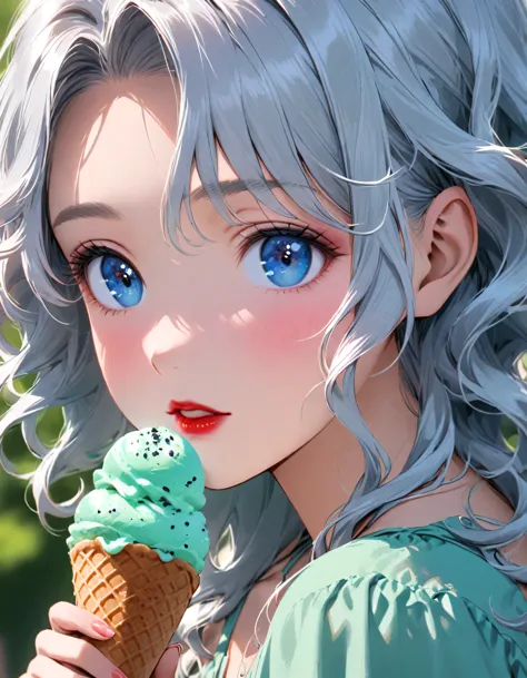 close-up of a person holding an ice cream cone, pretty girl, wavy silver-haired woman, bangs, bright blue eyes, red lips, gentle...