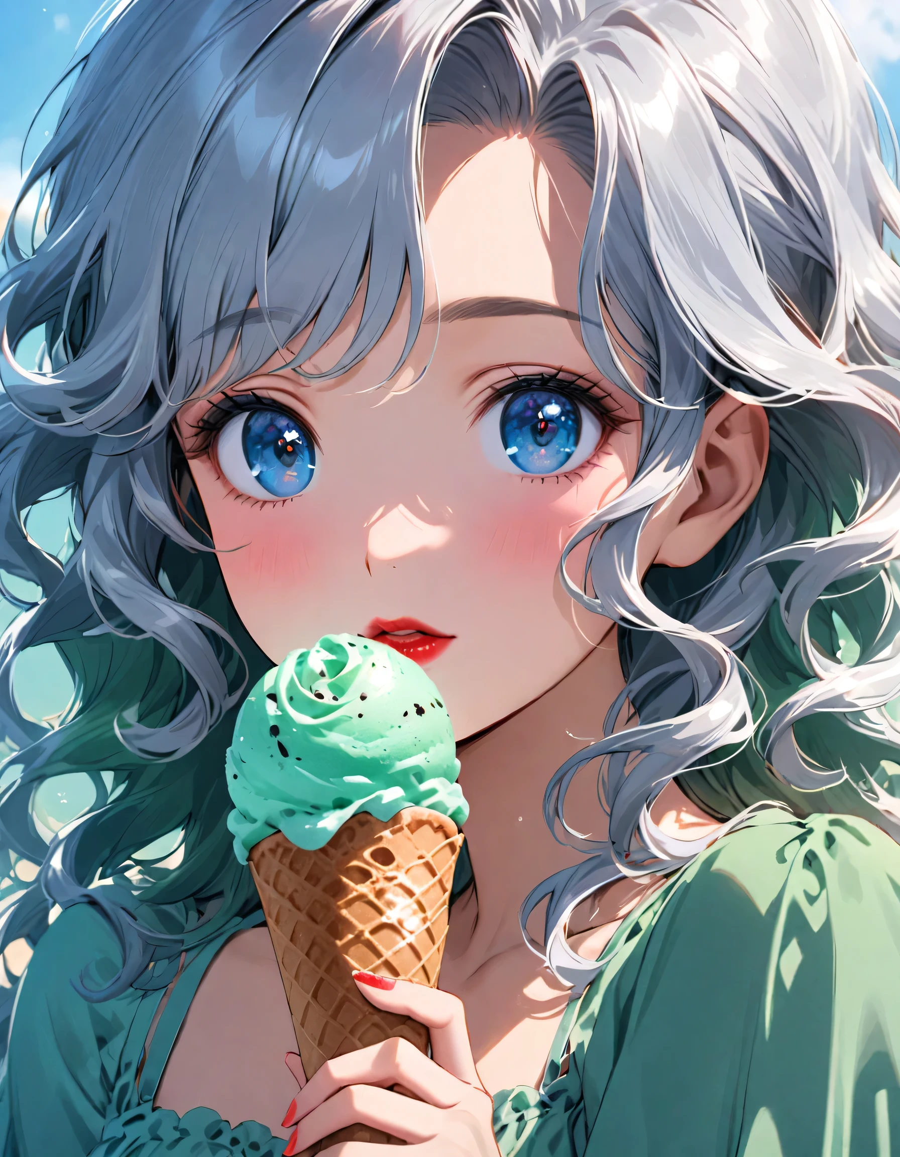 Close-up of a person holding an ice cream cone, pretty girl, Wavy silver-haired woman, bangs, Bright Blue Eyes, Red lips, Gentle green dress,