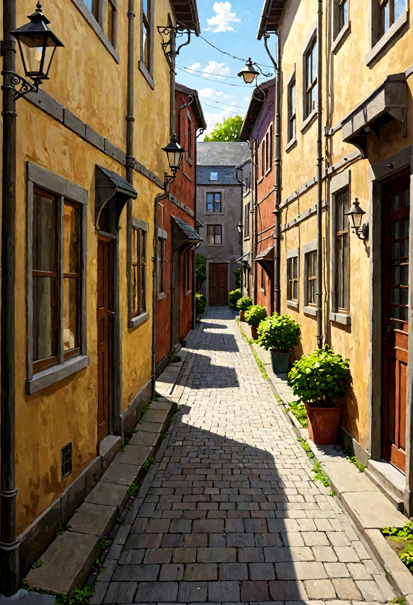 street　background　alley　sidewalk　wood　residential street　daytime　daytime　looking into the distance