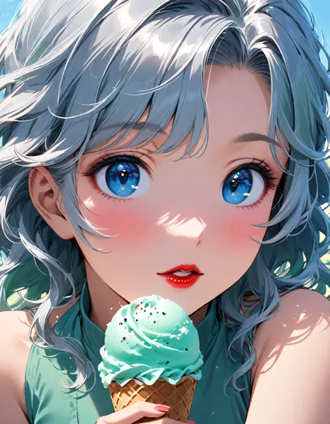 Close-up of a person holding an ice cream cone, pretty girl, Wavy silver-haired woman, bangs, Bright Blue Eyes, Red lips, Gentle...