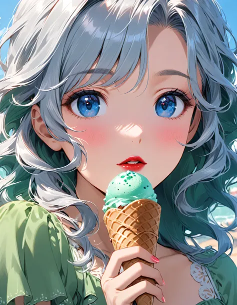 Close-up of a person holding an ice cream cone, pretty girl, Wavy silver-haired woman, bangs, Bright Blue Eyes, Red lips, Gentle...