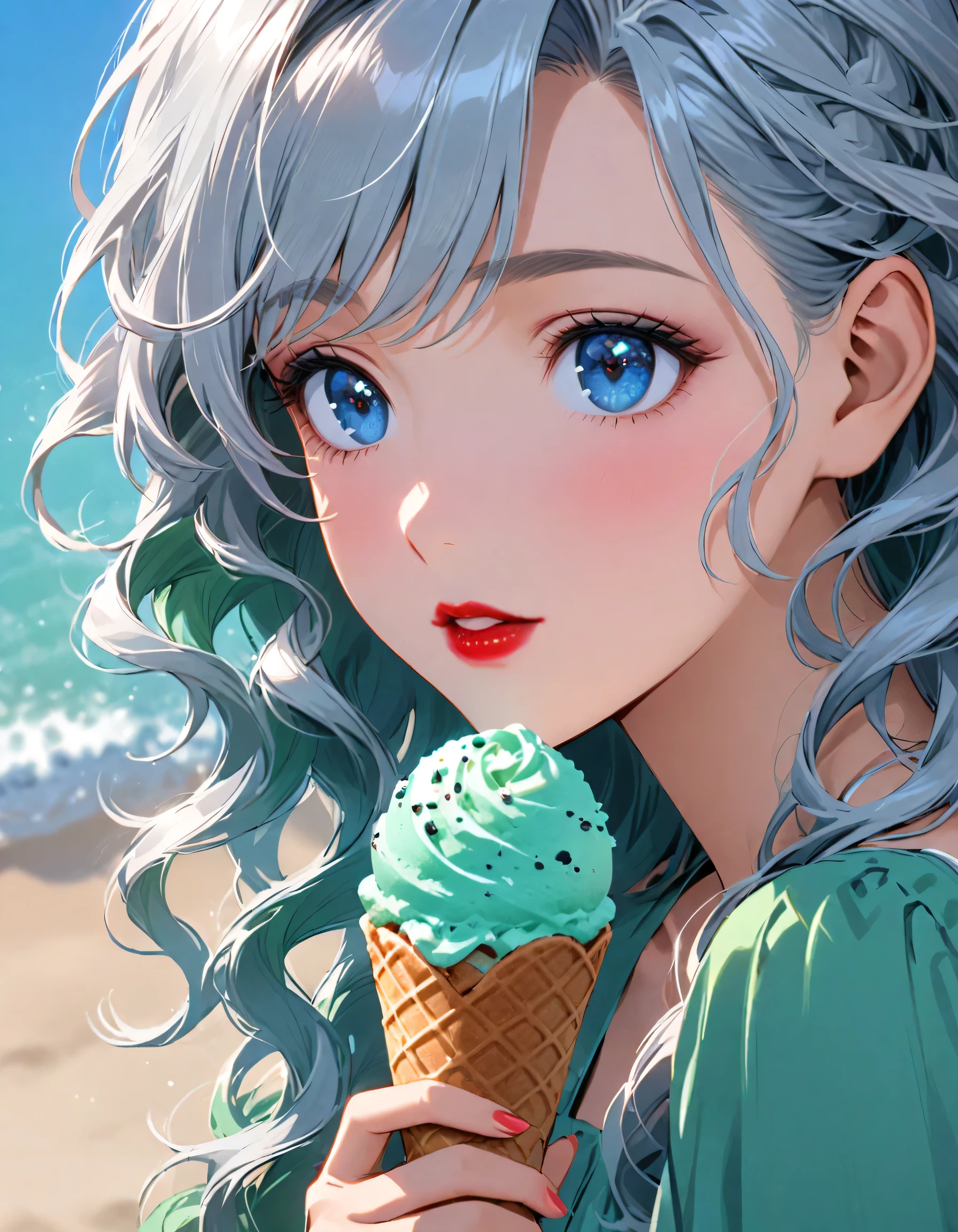 Close-up of a person holding an ice cream cone, pretty girl, Wavy silver-haired woman, bangs, Bright Blue Eyes, Red lips, Gentle green dress,