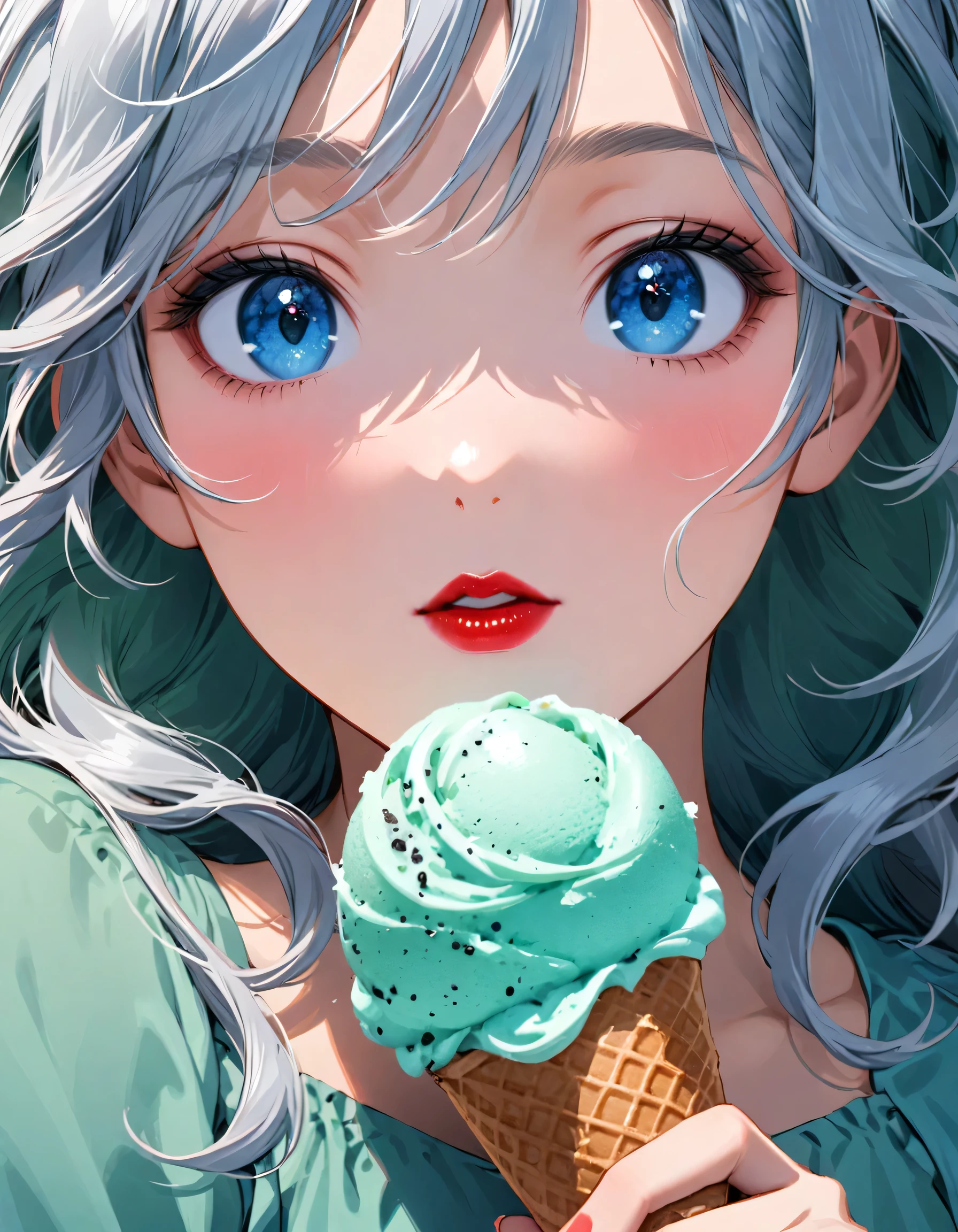 Close-up of a person holding an ice cream cone, pretty girl, Wavy silver-haired woman, bangs, Bright Blue Eyes, Red lips, Gentle green dress,