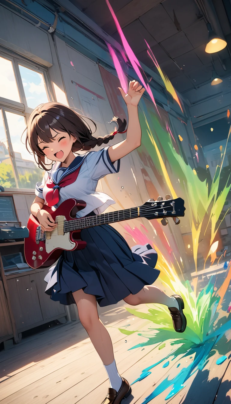 1female\(playing guitar on brooms,high school student,intense movements,(dynamic action:1.3),long braid hair,hair color black,high jumps,hair floating,hair dancing hard,splashing sweat,shining sun,sailor uniform,loafers,glasses,guitar performance,shouting loud,eyes closed hard\), background\(back of school building,audiences are cats\),(dynamic angle), BREAK ,quality\(8k,wallpaper of extremely detailed CG unit, ​masterpiece,hight resolution,top-quality,top-quality real texture skin,hyper realisitic,increase the resolution,RAW photos,best qualtiy,highly detailed,the wallpaper,cinematic lighting,ray trace,golden ratio\)