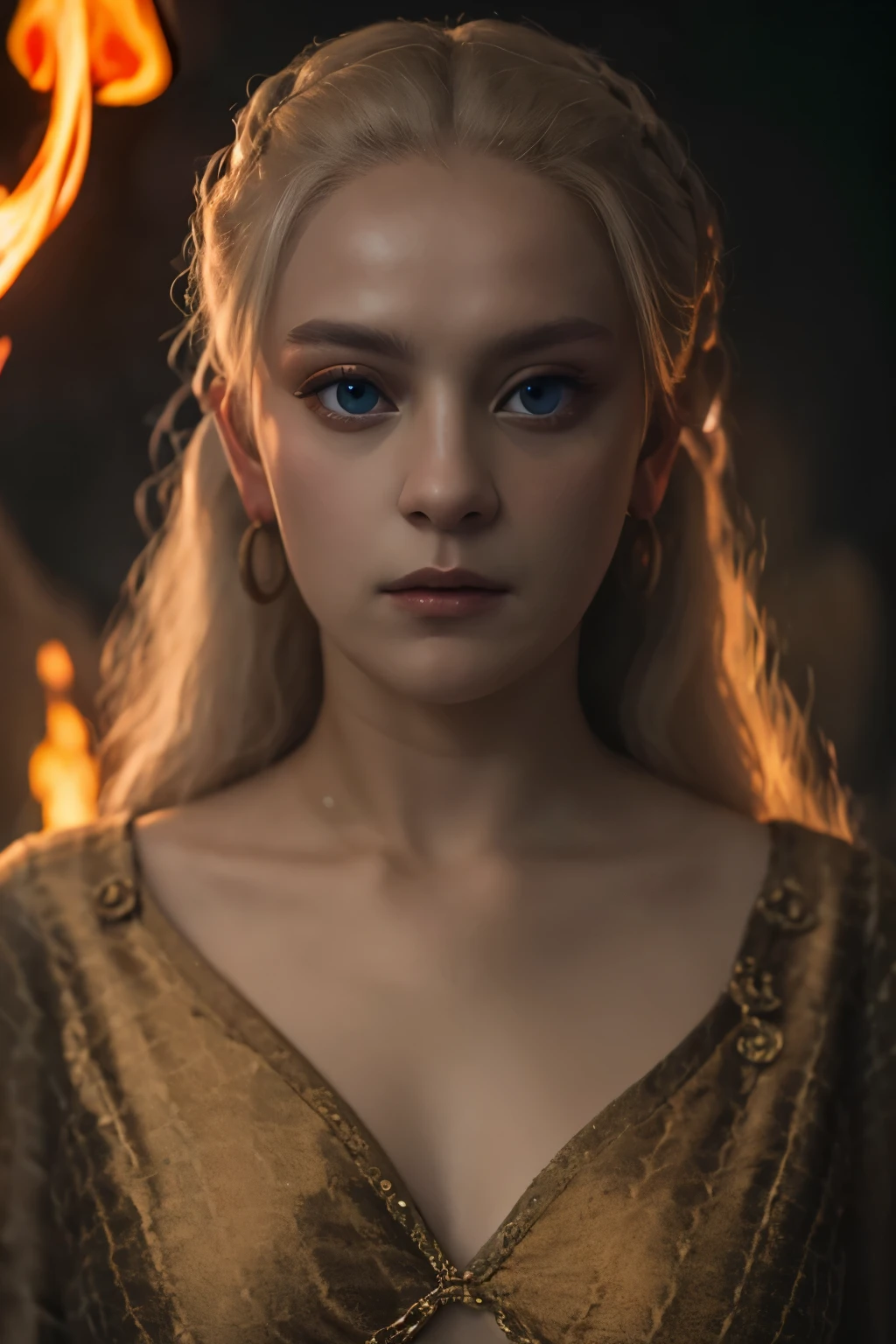 (((Cinematic epic poster))) of Helaena Targaryen , Gothic style, (((detailed face))), (a detailed RAW photo of a ), (master part:1.0), (best quality:1.4), (Ultra Highres:1.2), (photorealistic:1.4), 8K resolution, Canon EOS R5, 50 millimeters, Absurd, Ultra Detailed, sharp focus, Cinematic lighting, detailed face, (ULZZANG-6500-V1.1), detailed skin texture, pale skin, chest round, (pale :0.5), Cinematic lighting. (((Abstract vision of flame background, cinematic lighting )))