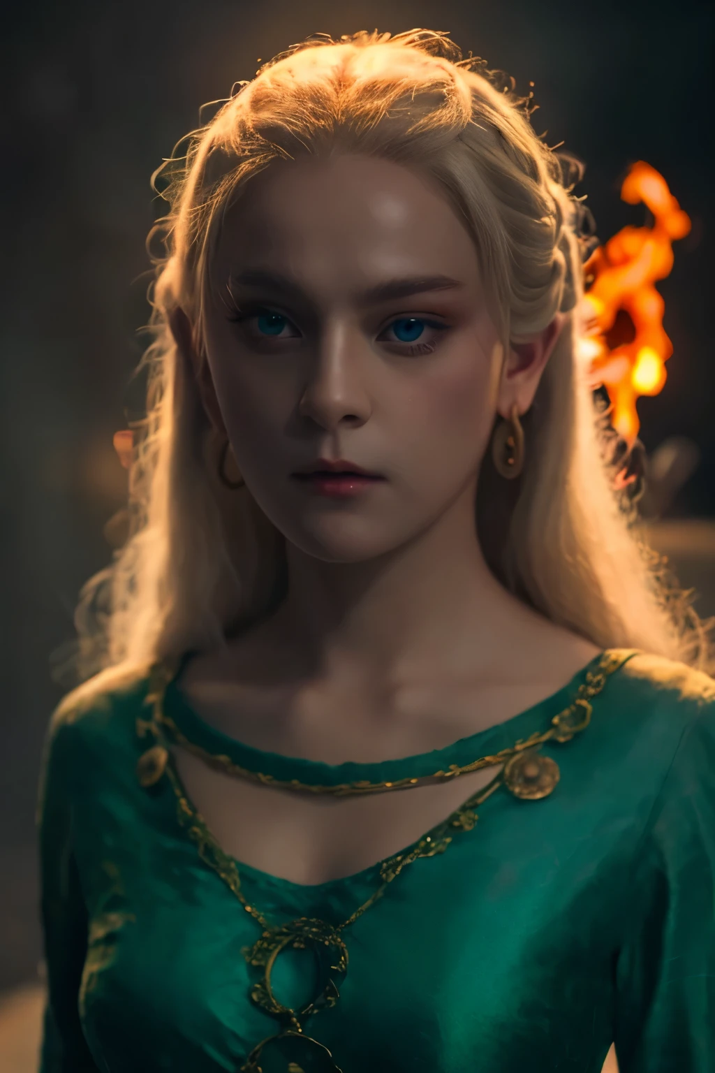 (((Cinematic epic poster))) of Helaena Targaryen , Gothic style, (((detailed face))), (a detailed RAW photo of a ), (master part:1.0), (best quality:1.4), (Ultra Highres:1.2), (photorealistic:1.4), 8K resolution, Canon EOS R5, 50 millimeters, Absurd, Ultra Detailed, sharp focus, Cinematic lighting, detailed face, (ULZZANG-6500-V1.1), detailed skin texture, pale skin, chest round, (pale :0.5), Cinematic lighting. (((Abstract vision of flame background, cinematic lighting )))